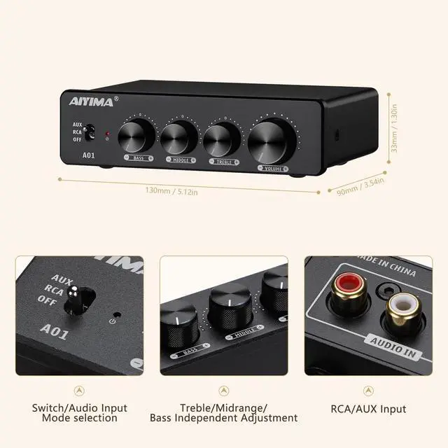 Alt view image 4 of 6 - A01 2 Channel Stereo Amplifier TPA3116 100W*2 with SUB Out | With Treble Bass | Mini Home Audio Component Amplifier Class D Integrated Amp for 2.0/2.1 Home Bookshelf Passive Speaker