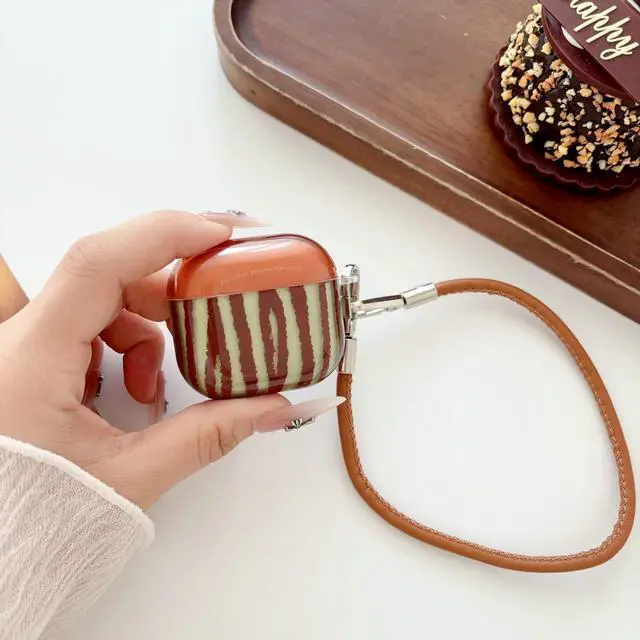 Alt view image 4 of 7 - JANMD for AirPods 3 Case with Strap, Fashion Simple Brown Green Irregular Stripes Design Charm Keychain Women Girls Shockproof Case for AirPods 3