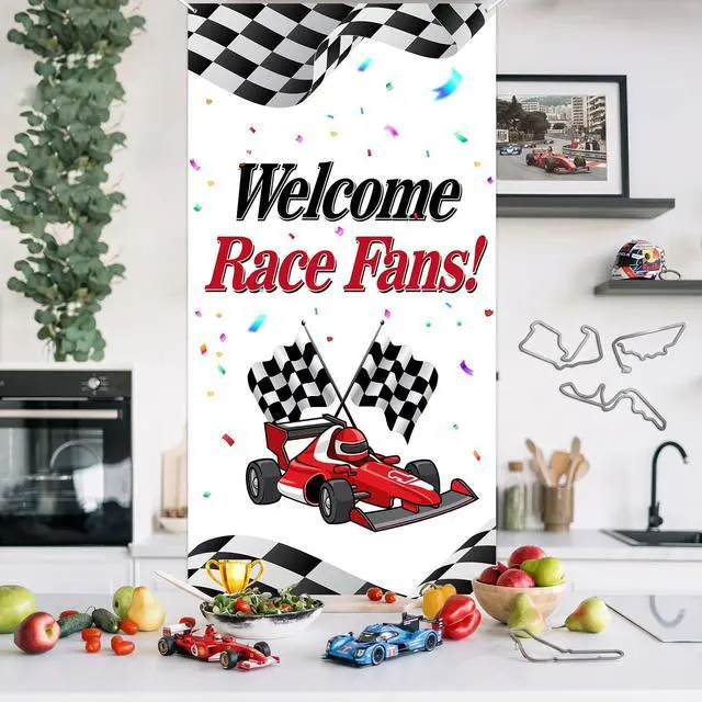 Alt view image 5 of 7 - Welcome Race Fans Racing Car Birthday Photo Booth Props Banner Backdrop Background Trophy Check Flag F1 F3 Theme Decor for Hot Wheels Birthday Party Flag Supplies Favors Decorations
