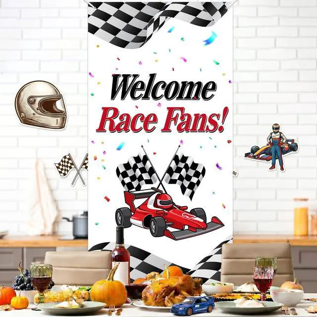 Alt view image 6 of 7 - Welcome Race Fans Racing Car Birthday Photo Booth Props Banner Backdrop Background Trophy Check Flag F1 F3 Theme Decor for Hot Wheels Birthday Party Flag Supplies Favors Decorations
