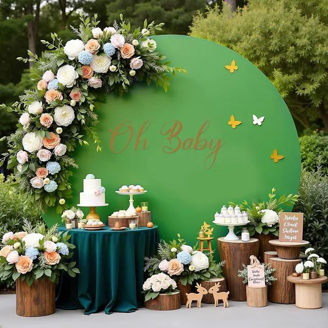Alt view image 2 of 7 - 7.2FT Sage Green Round Backdrop Cover with Oh Baby Decal Sign for 5-7.2ft Circle Arch Stand - Thick Fitted Spandex Circle Backdrop Cover for Baby Shower, Wedding, Birthday Party and Photography