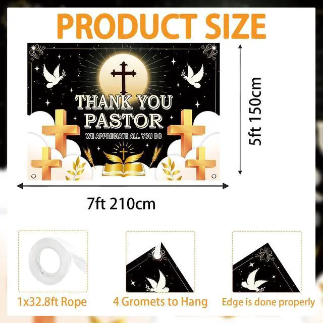 Alt view image 2 of 7 - Thank You Pastor Backdrop Black Gold Cross Dove Religious Background Pastor Appreciation Day Banner Church Celebration Retirement Party Decorations Photo Booth Props 7x5FT