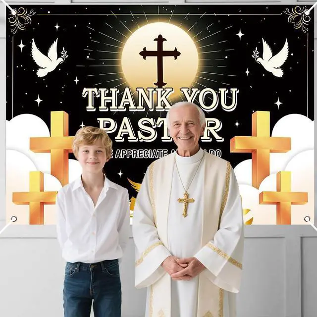 Alt view image 3 of 7 - Thank You Pastor Backdrop Black Gold Cross Dove Religious Background Pastor Appreciation Day Banner Church Celebration Retirement Party Decorations Photo Booth Props 6x4FT