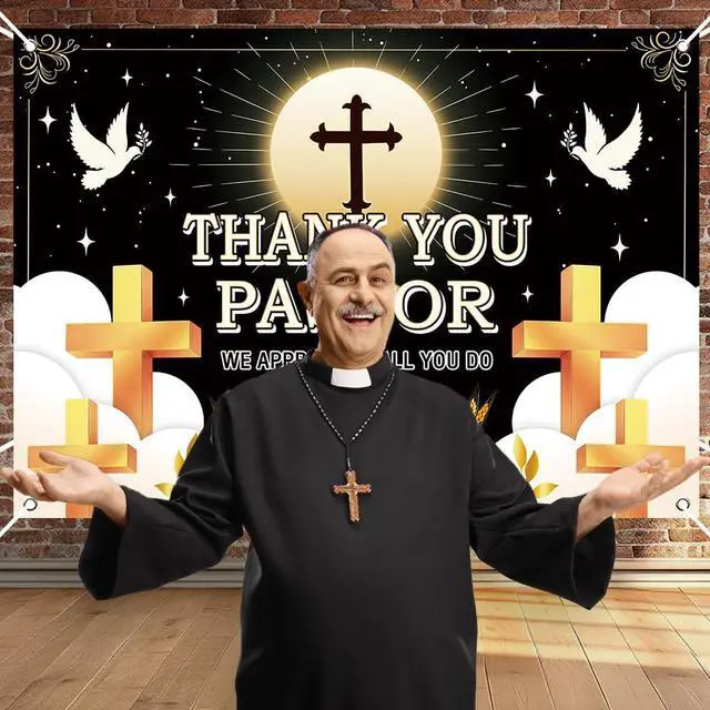 Alt view image 5 of 7 - Thank You Pastor Backdrop Black Gold Cross Dove Religious Background Pastor Appreciation Day Banner Church Celebration Retirement Party Decorations Photo Booth Props 7x5FT