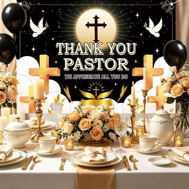 Alt view image 4 of 7 - Thank You Pastor Backdrop Black Gold Cross Dove Religious Background Pastor Appreciation Day Banner Church Celebration Retirement Party Decorations Photo Booth Props 7x5FT