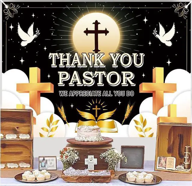 Alt view image 4 of 7 - Thank You Pastor Backdrop Black Gold Cross Dove Religious Background Pastor Appreciation Day Banner Church Celebration Retirement Party Decorations Photo Booth Props 6x4FT