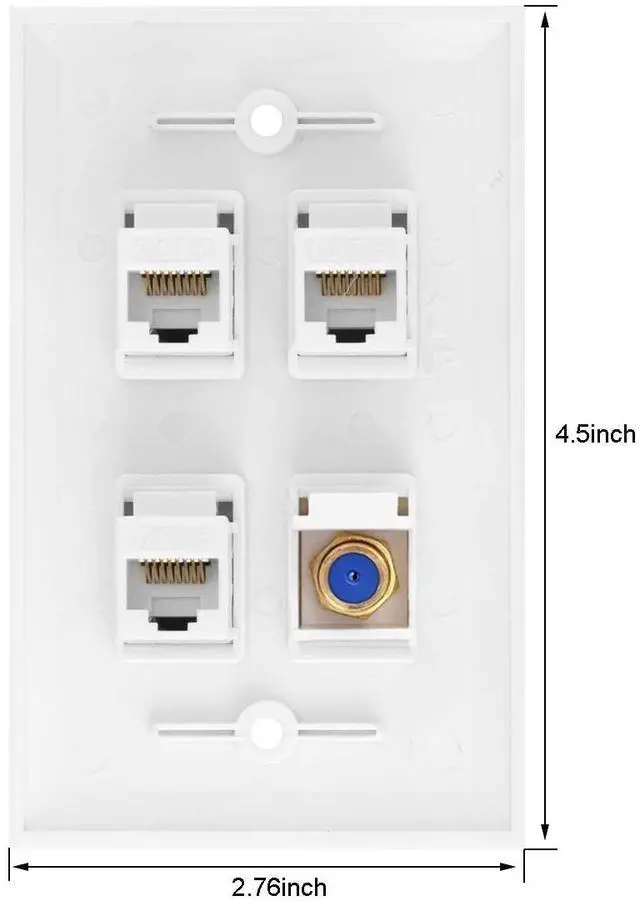 Alt view image 2 of 5 - Ethernet Coax Wall Plate, 3 Port Cat 6 RJ45 Keystone and 1 Port TV Coax F Type Keystone Wall Outlet