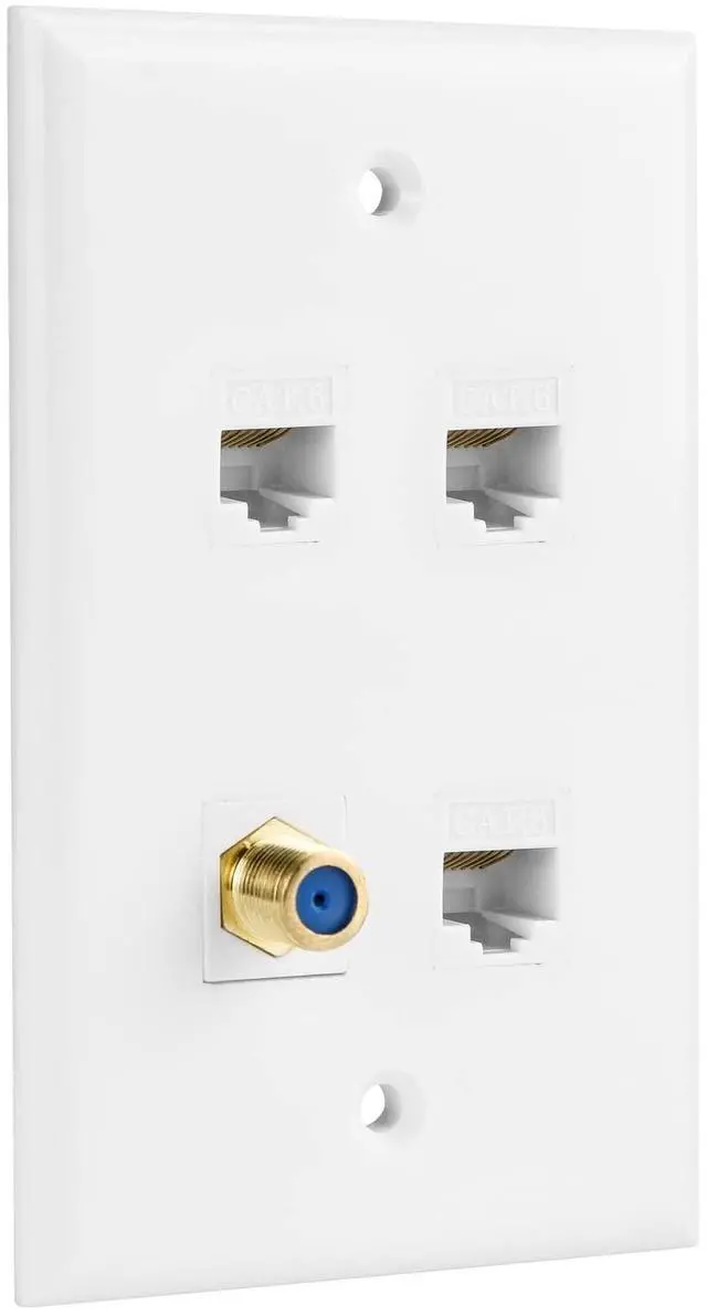 Main image of Ethernet Coax Wall Plate, 3 Port Cat 6 RJ45 Keystone and 1 Port TV Coax F Type Keystone Wall Outlet