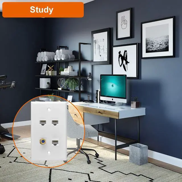 Alt view image 3 of 5 - Ethernet Coax Wall Plate, 3 Port Cat 6 RJ45 Keystone and 1 Port TV Coax F Type Keystone Wall Outlet