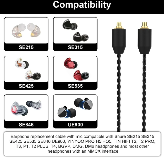 Alt view image 2 of 7 - MMCX Cable with Mic for Shure SE215, SE215 PRO, SE315, SE425, SE425 PRO MMCX to 3.5mm Cable for Shure SE535, SE846, UE900 Earbuds, PS4, PS5, Mac, PC, Built-In Microphone, Volume Control, Black, 4ft