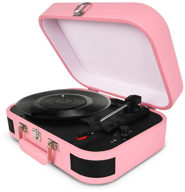 Main image of Vintage Suitcase Record Player - 3-Speed Portable Bluetooth Turntable with Built-in Speakers, for 7/10/12" Vinyl Records (Pink)