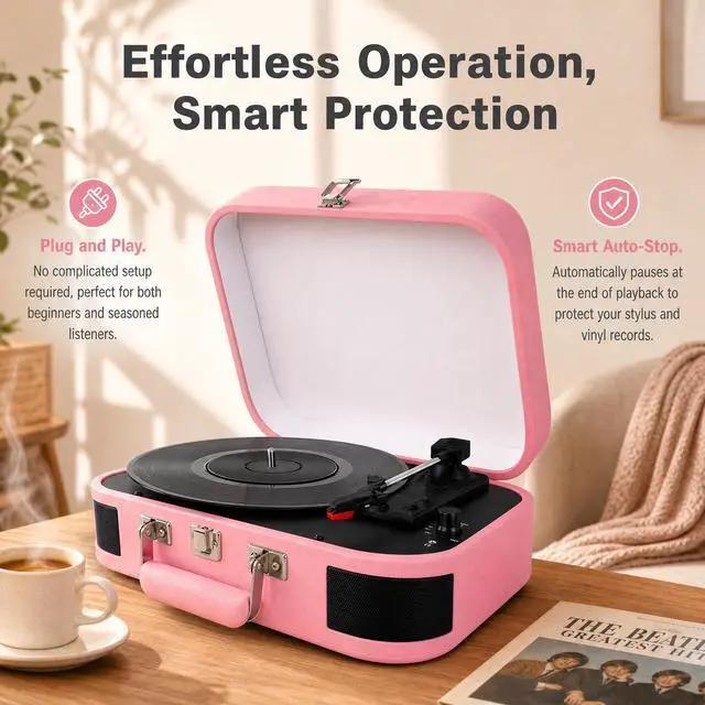 Alt view image 2 of 7 - Vintage Suitcase Record Player - 3-Speed Portable Bluetooth Turntable with Built-in Speakers, for 7/10/12" Vinyl Records (Pink)
