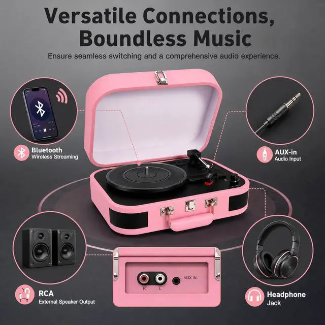 Alt view image 4 of 7 - Vintage Suitcase Record Player - 3-Speed Portable Bluetooth Turntable with Built-in Speakers, for 7/10/12" Vinyl Records (Pink)