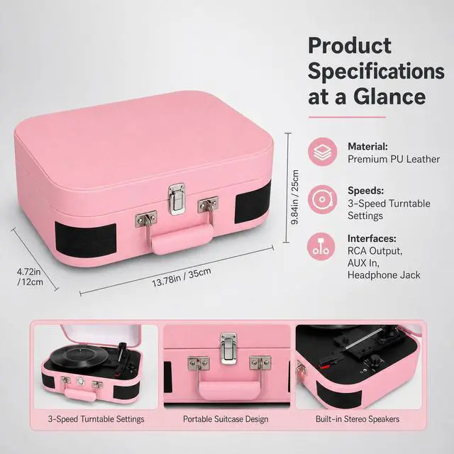 Alt view image 3 of 7 - Vintage Suitcase Record Player - 3-Speed Portable Bluetooth Turntable with Built-in Speakers, for 7/10/12" Vinyl Records (Pink)