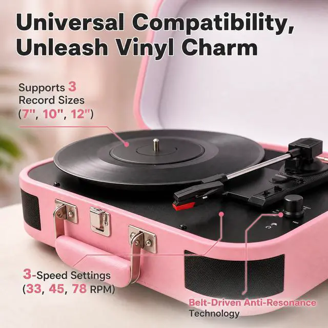 Alt view image 5 of 7 - Vintage Suitcase Record Player - 3-Speed Portable Bluetooth Turntable with Built-in Speakers, for 7/10/12" Vinyl Records (Pink)