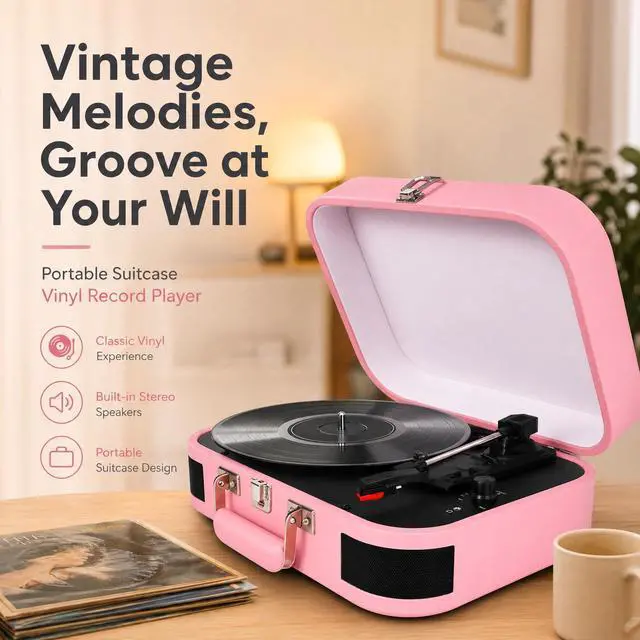 Alt view image 7 of 7 - Vintage Suitcase Record Player - 3-Speed Portable Bluetooth Turntable with Built-in Speakers, for 7/10/12" Vinyl Records (Pink)
