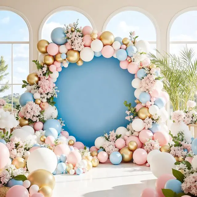 Alt view image 2 of 6 - 7.2FT Baby Blue Round Backdrop Cover with Oh Baby Decal Sign for 5-7.2ft Circle Arch Stand - Thick Fitted Spandex Circle Backdrop Cover for Baby Shower, Wedding, Birthday Party and Photography