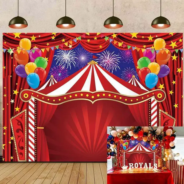 Main image of Red Circus Tent Backdrop 7x5FT Carnival Theme Photography Background | Red Circus Amusement Park Fireworks Banner for Newborn Baby Shower Birthday Party Supplies Carnival Photo Booth Decorations