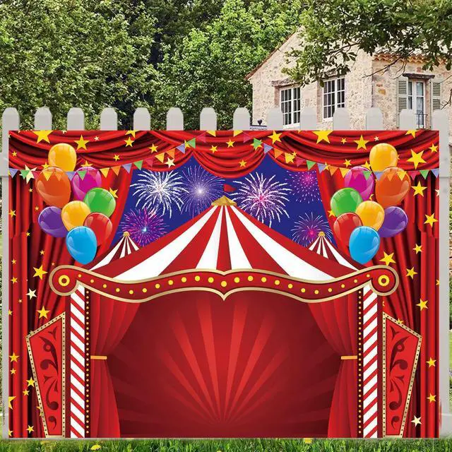 Alt view image 2 of 7 - Red Circus Tent Backdrop 7x5FT Carnival Theme Photography Background | Red Circus Amusement Park Fireworks Banner for Newborn Baby Shower Birthday Party Supplies Carnival Photo Booth Decorations