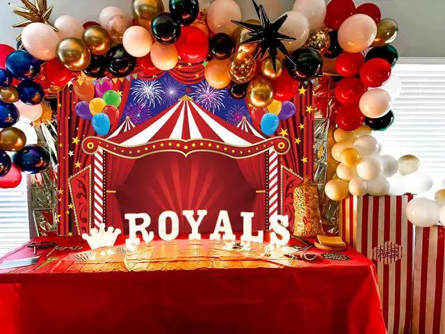 Alt view image 3 of 7 - Red Circus Tent Backdrop 7x5FT Carnival Theme Photography Background | Red Circus Amusement Park Fireworks Banner for Newborn Baby Shower Birthday Party Supplies Carnival Photo Booth Decorations