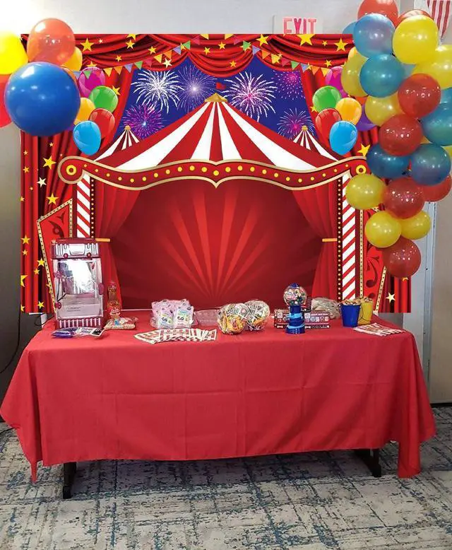 Alt view image 4 of 7 - Red Circus Tent Backdrop 7x5FT Carnival Theme Photography Background | Red Circus Amusement Park Fireworks Banner for Newborn Baby Shower Birthday Party Supplies Carnival Photo Booth Decorations