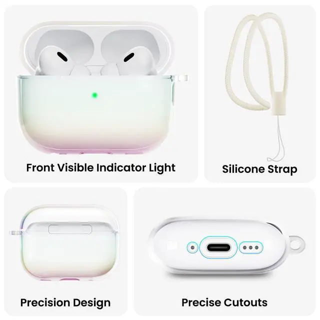 Alt view image 4 of 6 - Iridescent Clear Case for AirPods Pro 2nd Generation with Lanyard | Iridescent Gradient TPU, Shock-Absorbing Protection, LED Visible, Detachable Lanyard, Wired & Wireless Charging Compatible