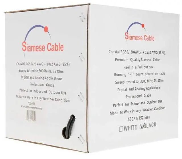 Alt view image 2 of 5 - 500ft RG59/U Siamese CCTV Cable 20AWG Coaxial + 18/2 Power Conductors, 95% Shielded Bulk Cable for Analog Security Camera Installations, Black