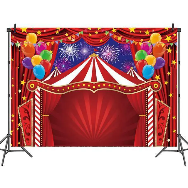Alt view image 5 of 7 - Red Circus Tent Backdrop 7x5FT Carnival Theme Photography Background | Red Circus Amusement Park Fireworks Banner for Newborn Baby Shower Birthday Party Supplies Carnival Photo Booth Decorations