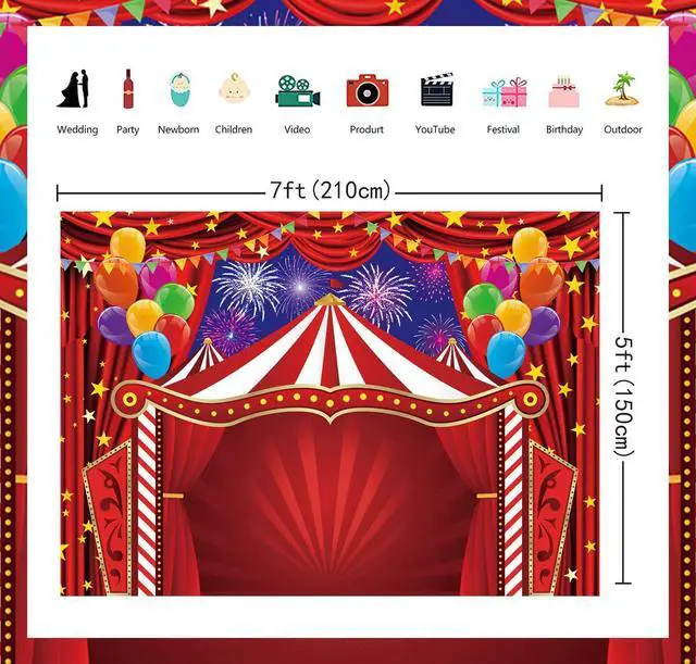 Alt view image 6 of 7 - Red Circus Tent Backdrop 7x5FT Carnival Theme Photography Background | Red Circus Amusement Park Fireworks Banner for Newborn Baby Shower Birthday Party Supplies Carnival Photo Booth Decorations