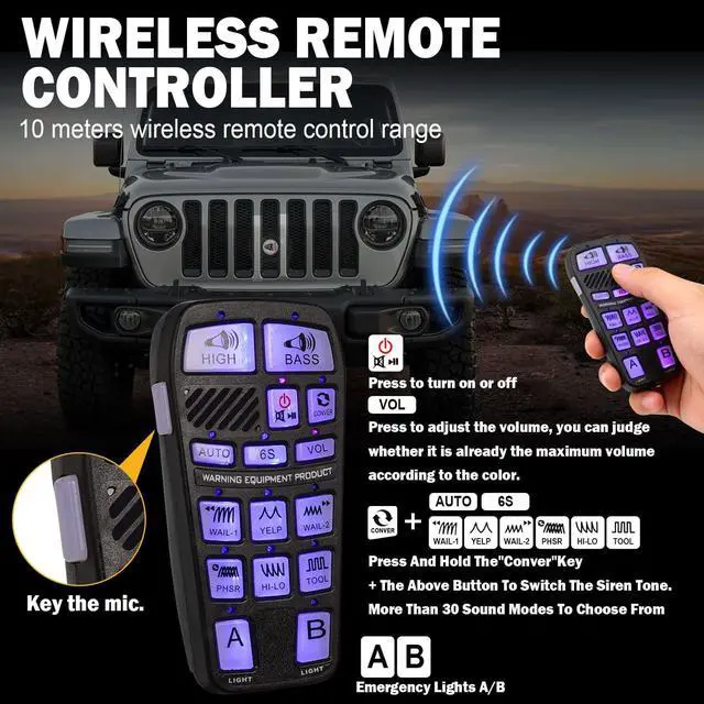 Alt view image 3 of 6 - 200W Wireless Multi-Tone Emergency Car Siren Speaker PA System Kit | 110-130dB Car PA System, Ultra-Slim Speaker, Wireless Handheld Microphone, Police Siren kit, IP67Waterproof, 12V Vehicles Use