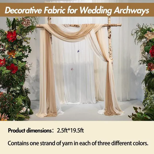 Alt view image 2 of 7 - 2.5x19.5 ft Wedding Arch Draping Fabric, 3 Panels Draping Fabric Arbor Drapery for Party Bridal Ceremony Backdrop Wedding Stage Reception Decorations, Light Brown, Champagne & White