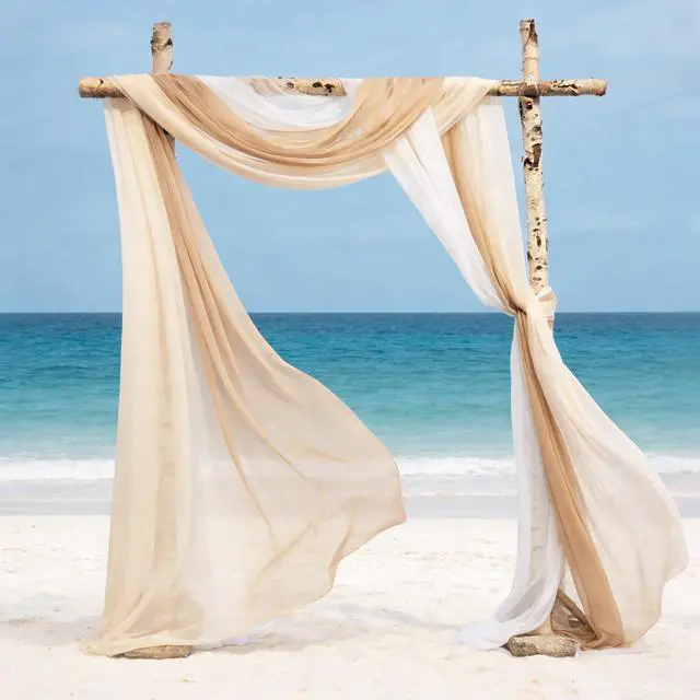 Alt view image 3 of 7 - 2.5x19.5 ft Wedding Arch Draping Fabric, 3 Panels Draping Fabric Arbor Drapery for Party Bridal Ceremony Backdrop Wedding Stage Reception Decorations, Light Brown, Champagne & White