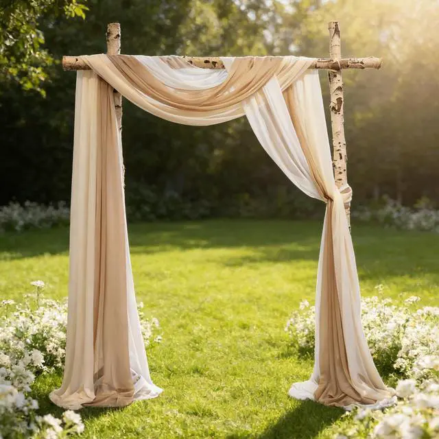 Alt view image 4 of 7 - 2.5x19.5 ft Wedding Arch Draping Fabric, 3 Panels Draping Fabric Arbor Drapery for Party Bridal Ceremony Backdrop Wedding Stage Reception Decorations, Light Brown, Champagne & White