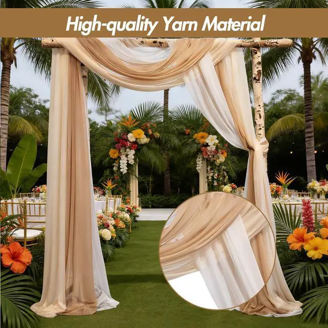 Alt view image 5 of 7 - 2.5x19.5 ft Wedding Arch Draping Fabric, 3 Panels Draping Fabric Arbor Drapery for Party Bridal Ceremony Backdrop Wedding Stage Reception Decorations, Light Brown, Champagne & White
