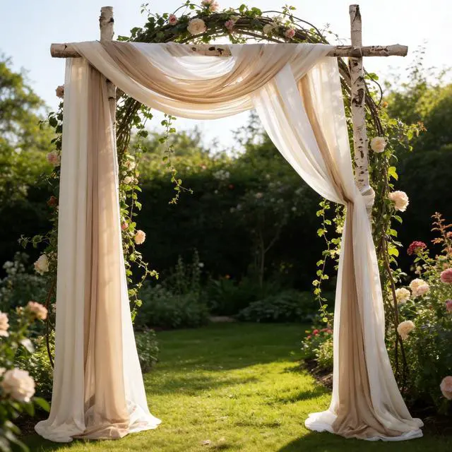 Alt view image 6 of 7 - 2.5x19.5 ft Wedding Arch Draping Fabric, 3 Panels Draping Fabric Arbor Drapery for Party Bridal Ceremony Backdrop Wedding Stage Reception Decorations, Light Brown, Champagne & White