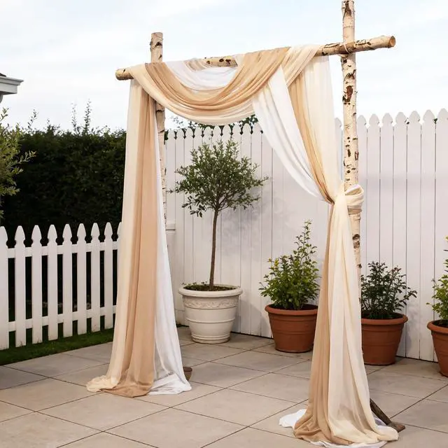 Alt view image 7 of 7 - 2.5x19.5 ft Wedding Arch Draping Fabric, 3 Panels Draping Fabric Arbor Drapery for Party Bridal Ceremony Backdrop Wedding Stage Reception Decorations, Light Brown, Champagne & White