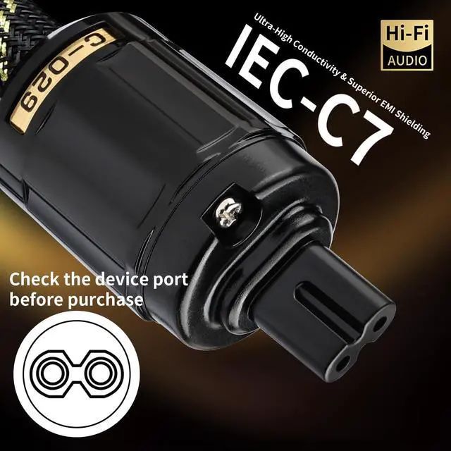Alt view image 4 of 6 - Audiophile HiFi AC Power Cord 6.56ft | 99.99% OFC Cores, Nylon Braid, NEMA 5-15P to C7, Heavy-Duty Audio Power Cable for Hi-Fi Systems and Amps