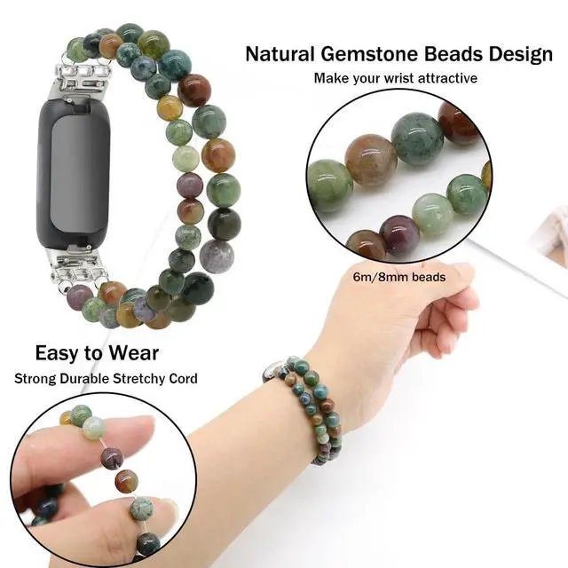 Alt view image 4 of 6 - Bracelets Compatible with Fitbit Inspire 2 Bands for Women Beaded Wristband Adjustable Gemstone Replacement Straps