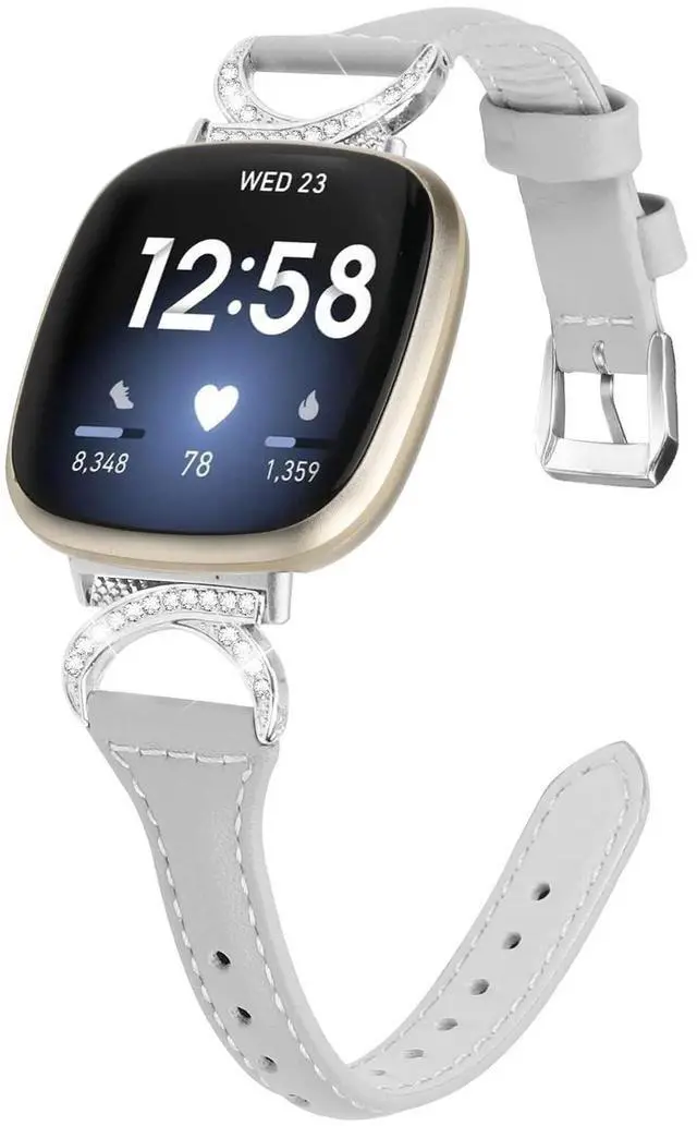 Main image of Compatible with Fitbit Sense 2/Fitbit Versa 4 3 Bands for Women Men, Soft Genuine Leather Band Slim Strap Replacement Accessory Wristband + Metal rhinestone Adapter