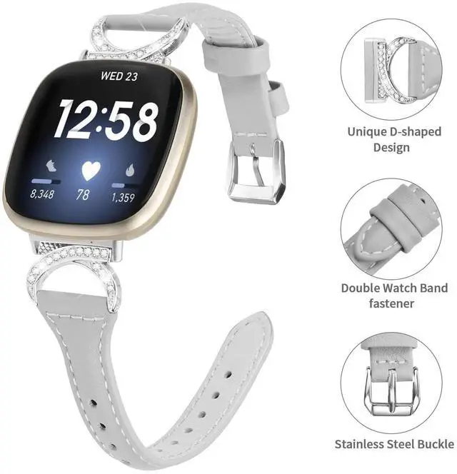 Alt view image 3 of 6 - Compatible with Fitbit Sense 2/Fitbit Versa 4 3 Bands for Women Men, Soft Genuine Leather Band Slim Strap Replacement Accessory Wristband + Metal rhinestone Adapter