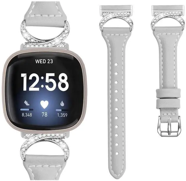 Alt view image 2 of 6 - Compatible with Fitbit Sense 2/Fitbit Versa 4 3 Bands for Women Men, Soft Genuine Leather Band Slim Strap Replacement Accessory Wristband + Metal rhinestone Adapter