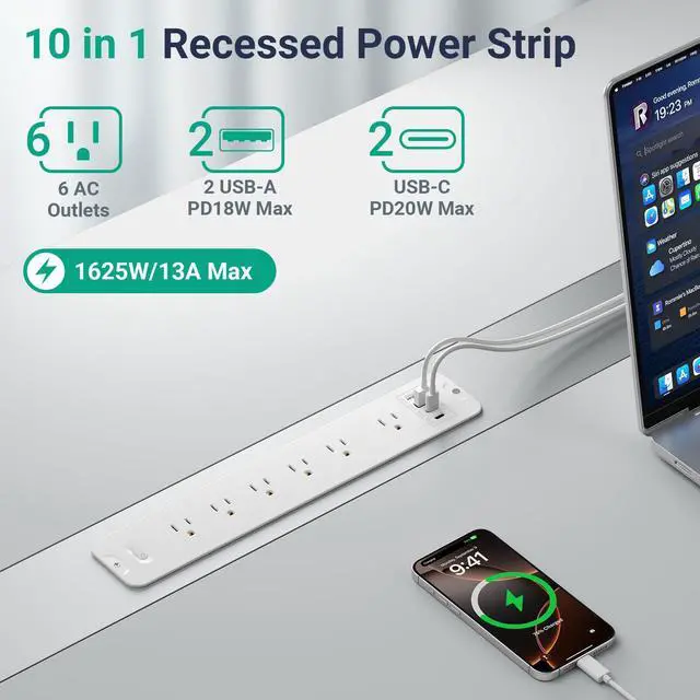Alt view image 2 of 7 - Recessed Surge Protector Power Strip with 6AC + 4USB (2 USB-C PD20W), 1800J, 6FT Extension Cord, Space-Saver Flush Mount for Conference Tables/Desks/Furniture/Kitchen