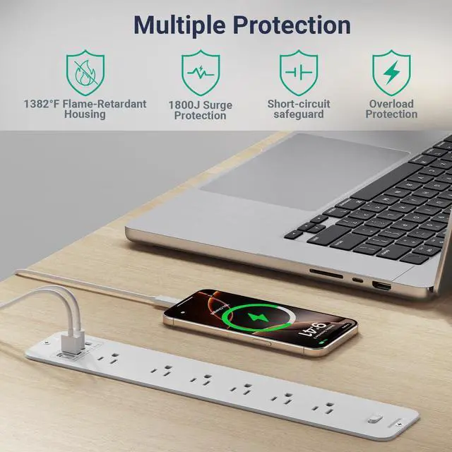 Alt view image 3 of 7 - Recessed Surge Protector Power Strip with 6AC + 4USB (2 USB-C PD20W), 1800J, 6FT Extension Cord, Space-Saver Flush Mount for Conference Tables/Desks/Furniture/Kitchen