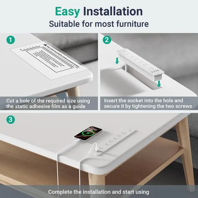 Alt view image 5 of 7 - Recessed Surge Protector Power Strip with 6AC + 4USB (2 USB-C PD20W), 1800J, 6FT Extension Cord, Space-Saver Flush Mount for Conference Tables/Desks/Furniture/Kitchen