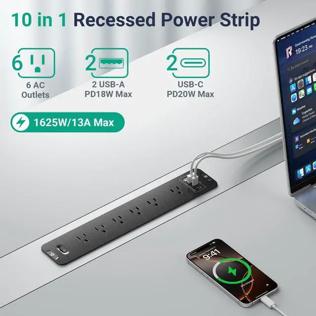 Alt view image 2 of 7 - Recessed Surge Protector Power Strip with 6AC + 4USB (2 USB-C PD20W), 1800J, 6FT Extension Cord, Space-Saver Flush Mount for Conference Tables/Desks/Furniture/Kitchen
