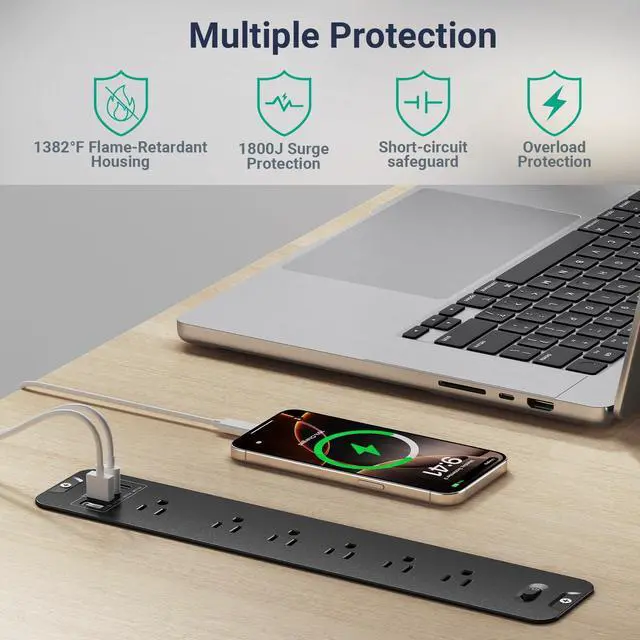 Alt view image 3 of 7 - Recessed Surge Protector Power Strip with 6AC + 4USB (2 USB-C PD20W), 1800J, 6FT Extension Cord, Space-Saver Flush Mount for Conference Tables/Desks/Furniture/Kitchen