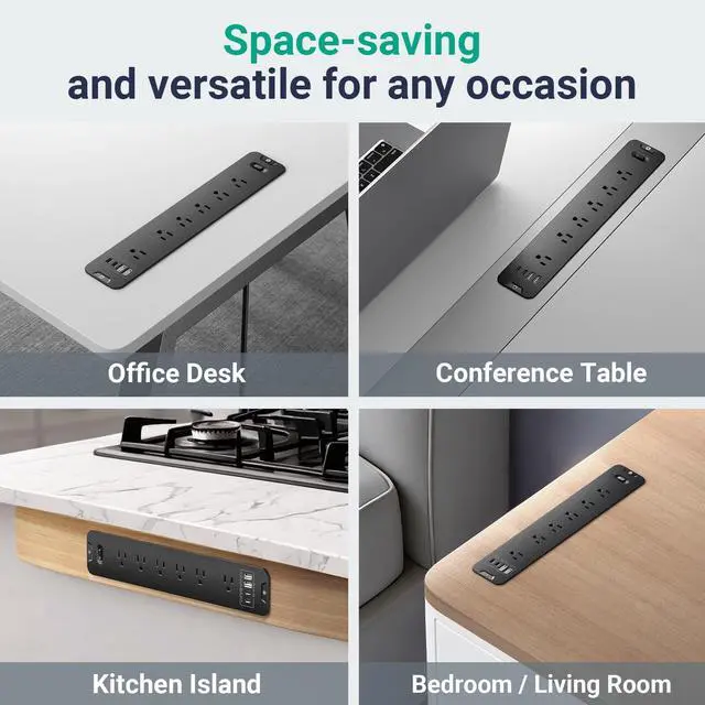 Alt view image 4 of 7 - Recessed Surge Protector Power Strip with 6AC + 4USB (2 USB-C PD20W), 1800J, 6FT Extension Cord, Space-Saver Flush Mount for Conference Tables/Desks/Furniture/Kitchen