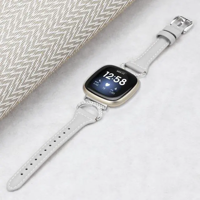 Alt view image 4 of 6 - Compatible with Fitbit Sense 2/Fitbit Versa 4 3 Bands for Women Men, Soft Genuine Leather Band Slim Strap Replacement Accessory Wristband + Metal rhinestone Adapter