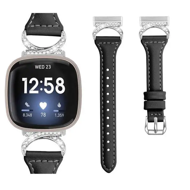 Alt view image 2 of 6 - Compatible with Fitbit Sense 2/Fitbit Versa 4 3 Bands for Women Men, Soft Genuine Leather Band Slim Strap Replacement Accessory Wristband + Metal rhinestone Adapter