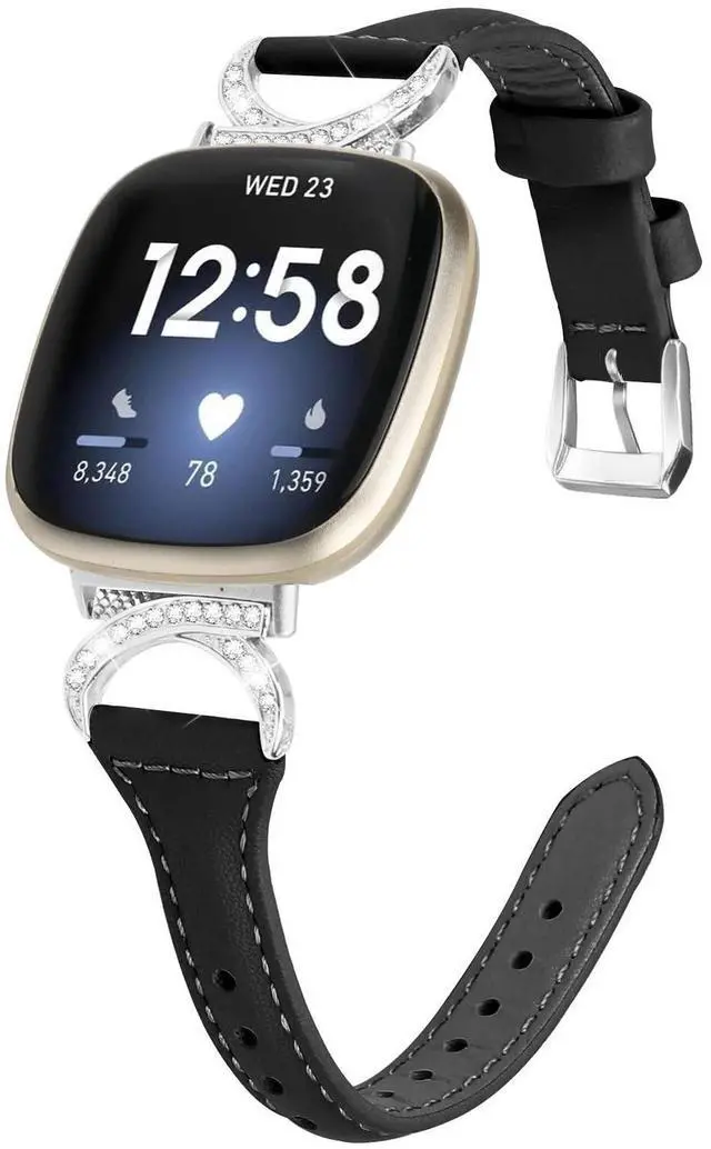 Main image of Compatible with Fitbit Sense 2/Fitbit Versa 4 3 Bands for Women Men, Soft Genuine Leather Band Slim Strap Replacement Accessory Wristband + Metal rhinestone Adapter